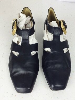 Vintage Black Leather Cutout Mary Jane with Gold Buckle